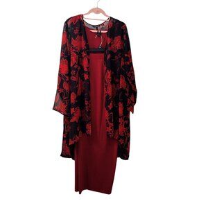 Iman: 3-Piece Red-Black Floral Pant Set, Size 2X (Duster, Tank & Pull-On Pants)